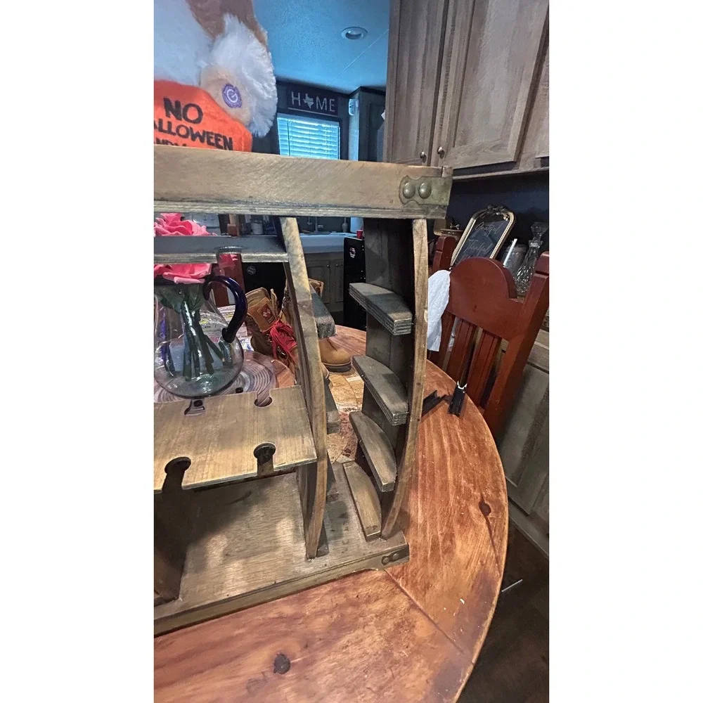 Rustic Wooden Wine Rack Barrel Design 8 Bottle Holder with Glassware Storage